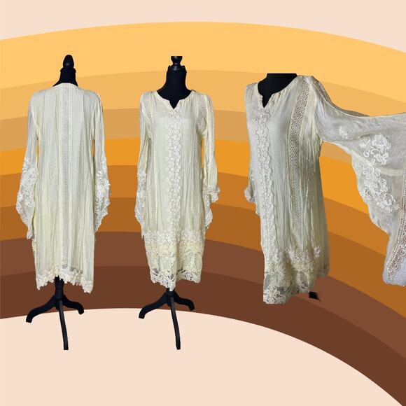 Unbranded Dresses & Skirts - ✨ 1970s Angel Sleeve Boho Goddess Wedding Dress — Beading & Daisy Details